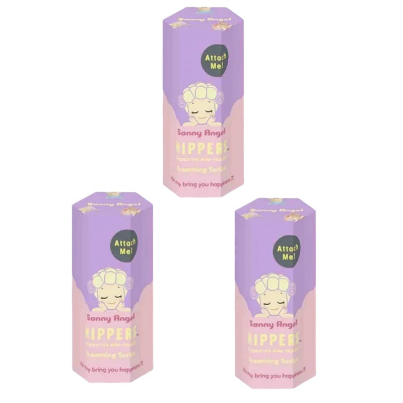 Three boxes of Sunny Angel lip balm with a purple and pink design on a white background.