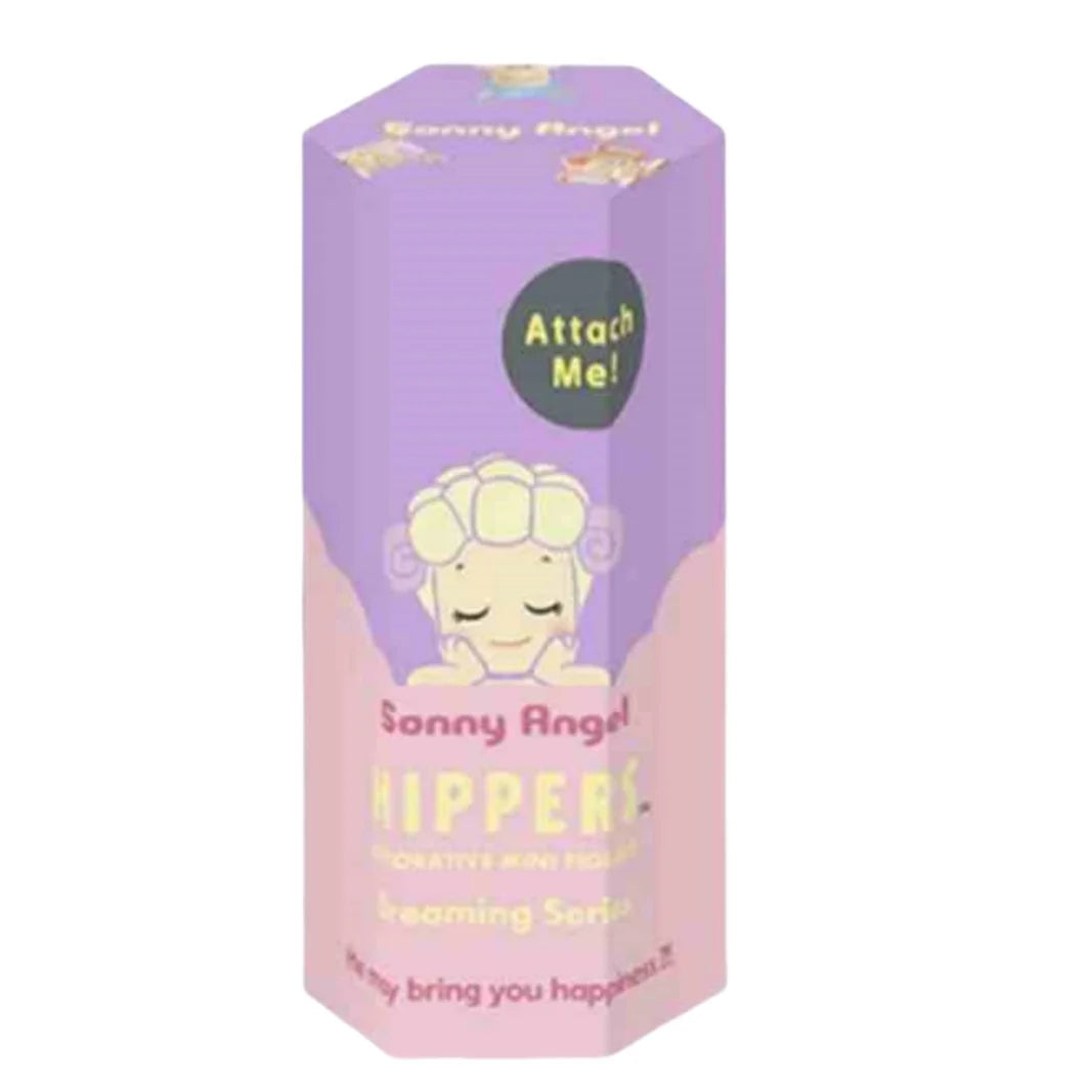 Hexagonal packaging of Sonny Angel Hippers with a purple and pink design on a white background
