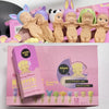 Set of cartoon character figurines with packaging on a white background
