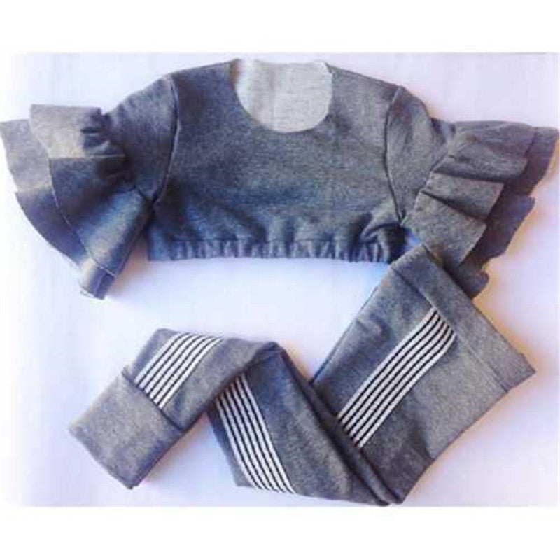 Gray children's outfit with ruffled sleeves on a white background