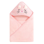 Pink hooded towel with cat face design on a white background