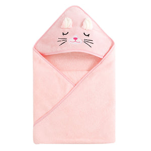 Pink hooded towel with cat face design on a white background