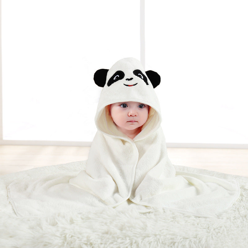 Child wrapped in a panda-themed hooded towel on a white background