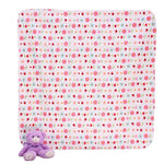 Floral-patterned blanket with a purple teddy bear on a white background