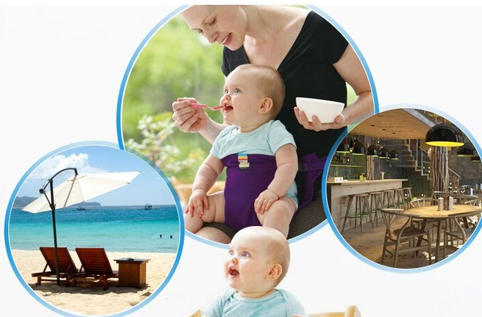 Woman holding a baby with a beach scene, baby in a high chair, and restaurant interior.
