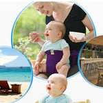 Woman holding a baby with a beach scene, baby in a high chair, and restaurant interior.