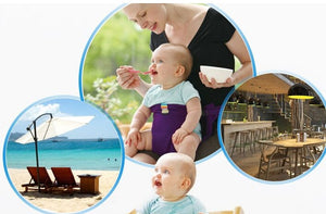 Woman holding a baby with a beach scene, baby in a high chair, and restaurant interior.