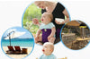 Woman holding a baby with a beach scene, baby in a high chair, and restaurant interior.