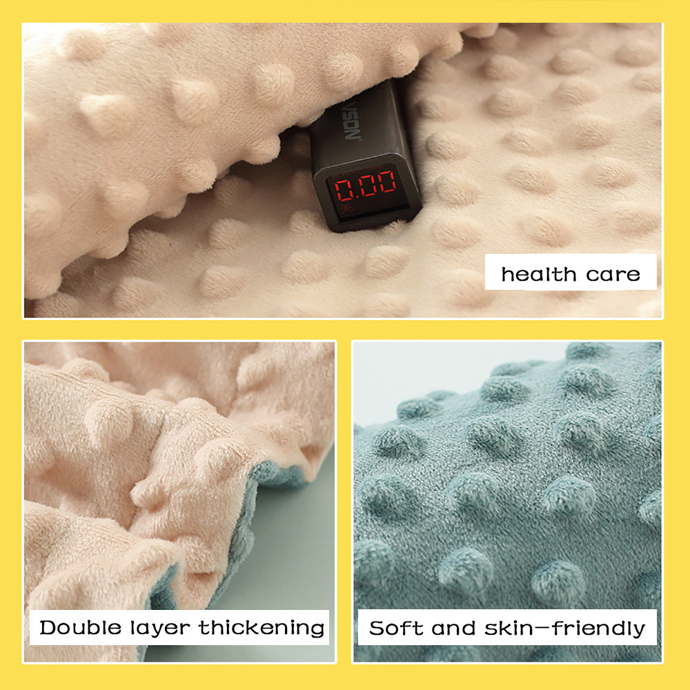 Textured blanket with digital thermometer and descriptive text on a yellow background