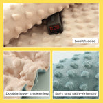 Textured blanket with digital thermometer and descriptive text on a yellow background
