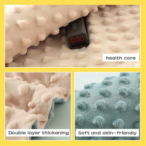 Textured blanket with digital thermometer and descriptive text on a yellow background