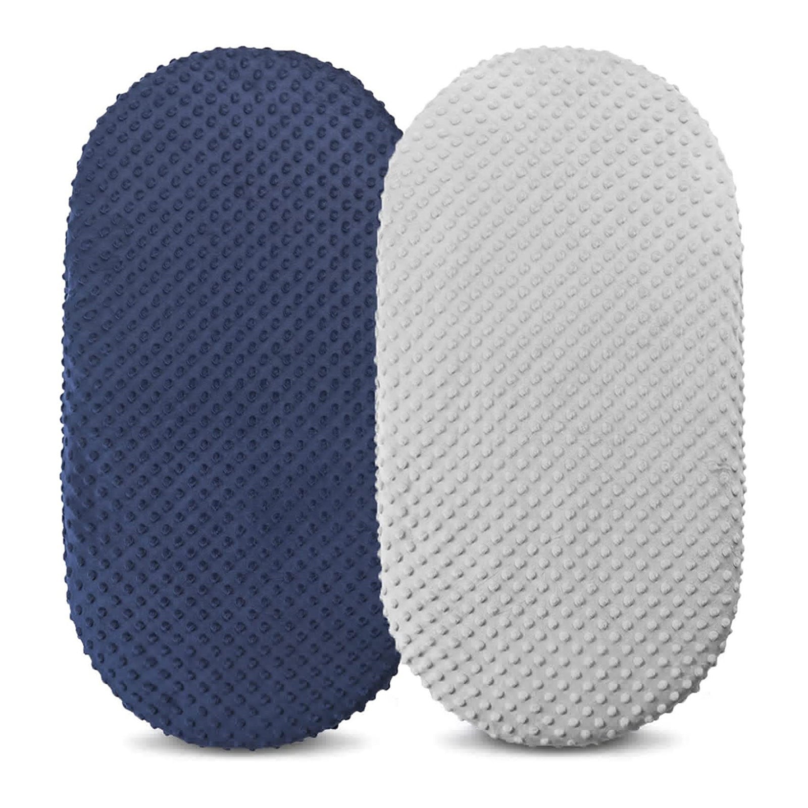Two textured cushions, one blue and one gray, on a white background