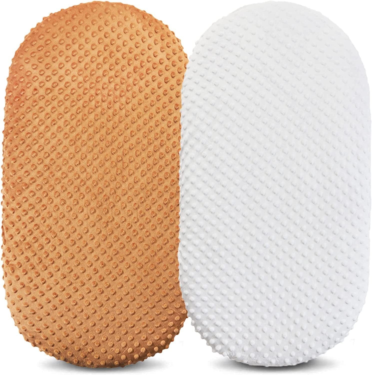 Two textured foam rollers, one brown and one white, on a light gray background.