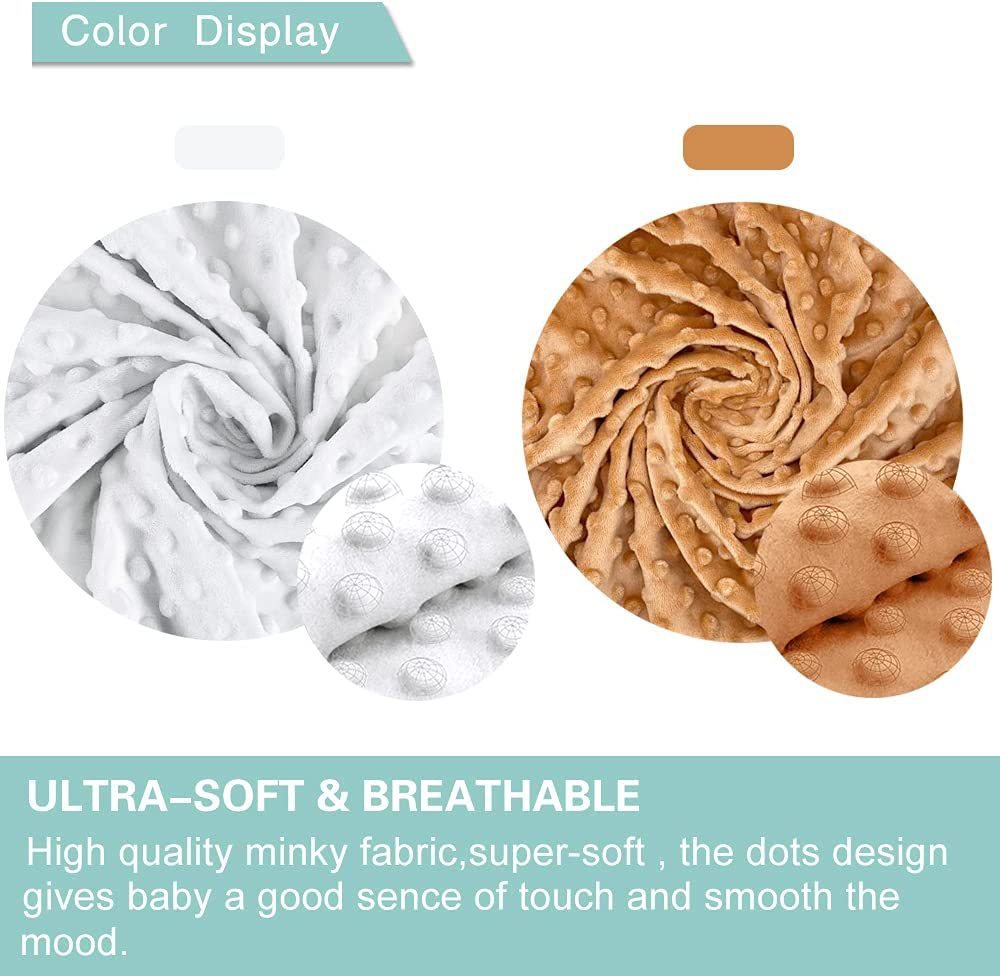 Two swatches of fabric, one gray and one brown, with text describing their softness and breathability.