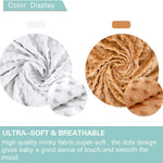Two swatches of fabric, one gray and one brown, with text describing their softness and breathability.