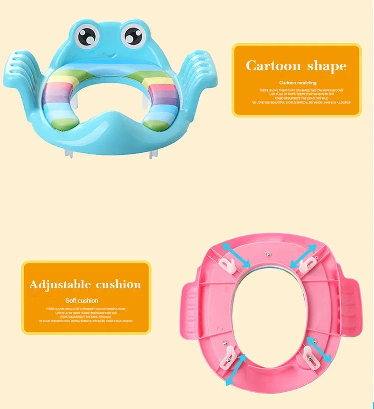 Cartoon-shaped children's seat with adjustable cushion on a beige background