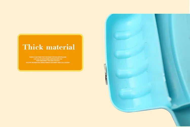 Blue plastic tool with thick material label on a beige background