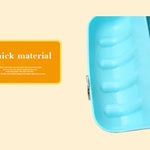Blue plastic tool with thick material label on a beige background