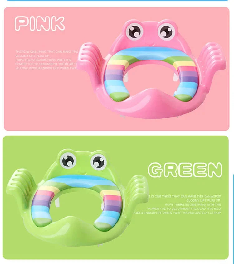 Pink and green frog-shaped inflatable rings on pink and green backgrounds with text.