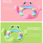 Pink and green frog-shaped inflatable rings on pink and green backgrounds with text.