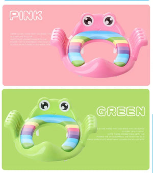 Pink and green frog-shaped inflatable rings on pink and green backgrounds with text.