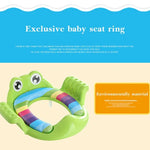 Green baby seat ring with colorful stripes on a beige background
