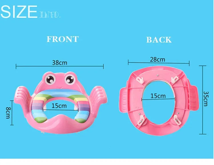 Measurement chart of a pink children's swim ring with dimensions on a blue background