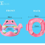 Measurement chart of a pink children's swim ring with dimensions on a blue background