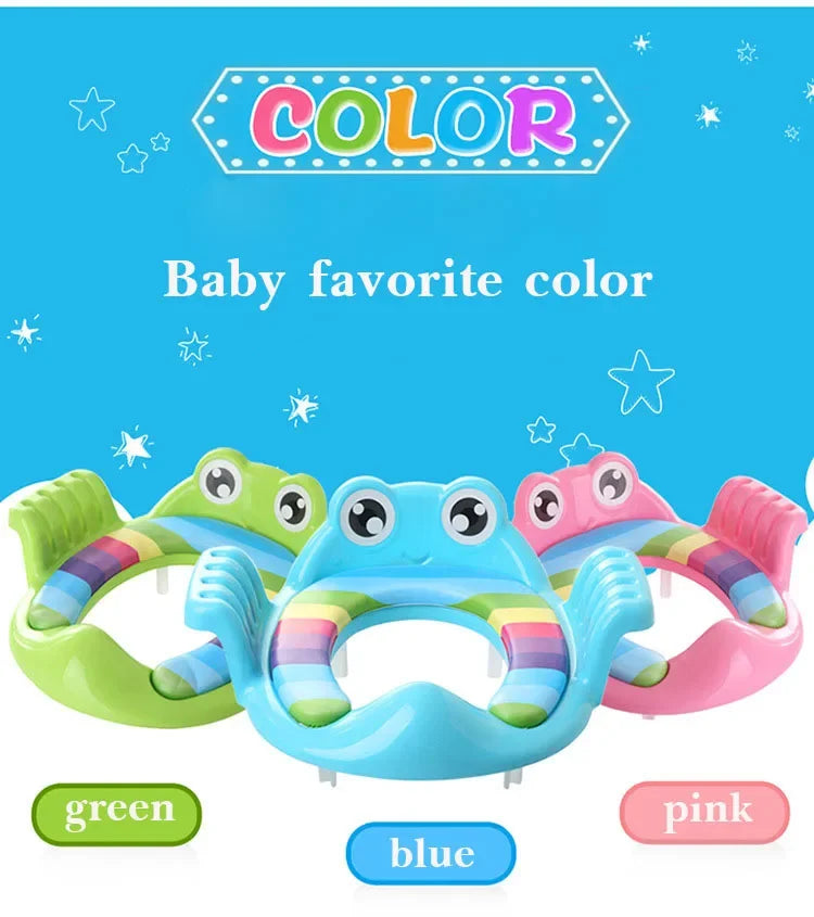 Three colorful frog-shaped toys on a blue background with 'Color' text and star decorations.