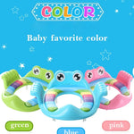 Three colorful frog-shaped toys on a blue background with 'Color' text and star decorations.
