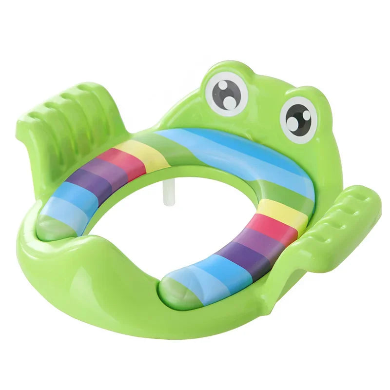 Colorful frog-shaped baby seat with rainbow pattern on a white background