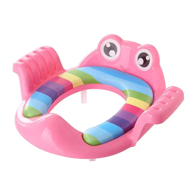 Pink frog-shaped inflatable seat with colorful stripes on a white background