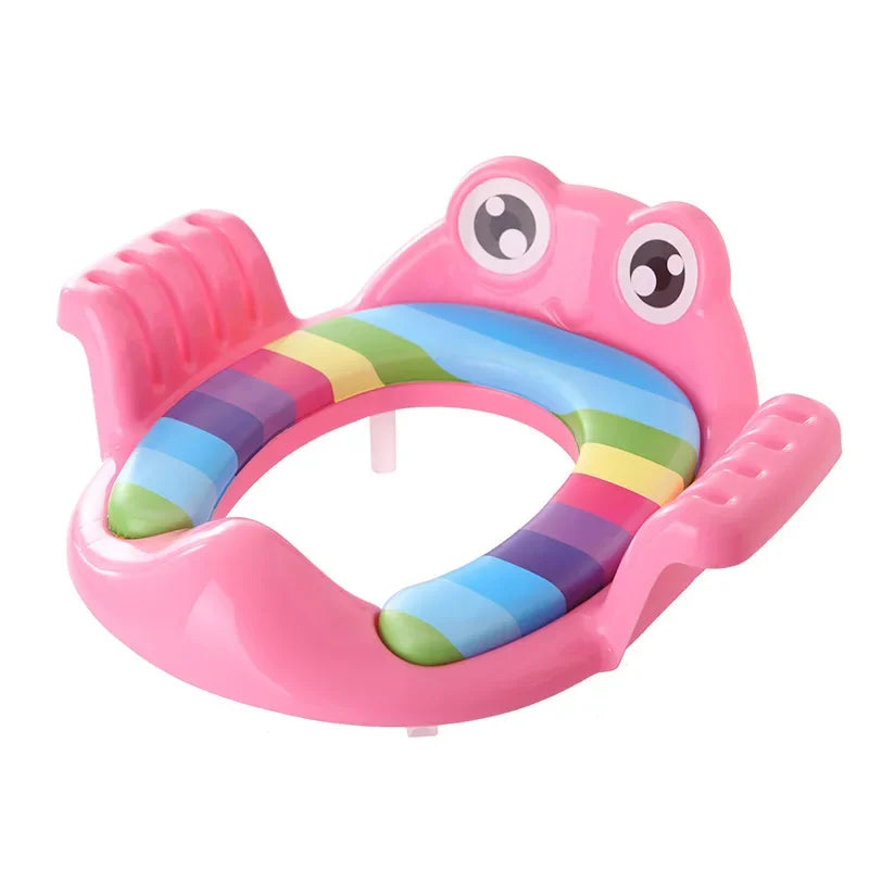 Pink frog-shaped bath toy with colorful stripes on a white background