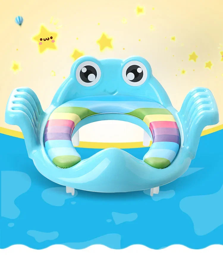 Blue frog-shaped inflatable ring with rainbow interior on a water background