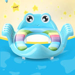 Blue frog-shaped inflatable ring with rainbow interior on a water background