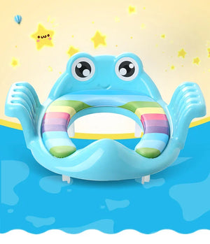 Blue frog-shaped inflatable ring with rainbow interior on a water background