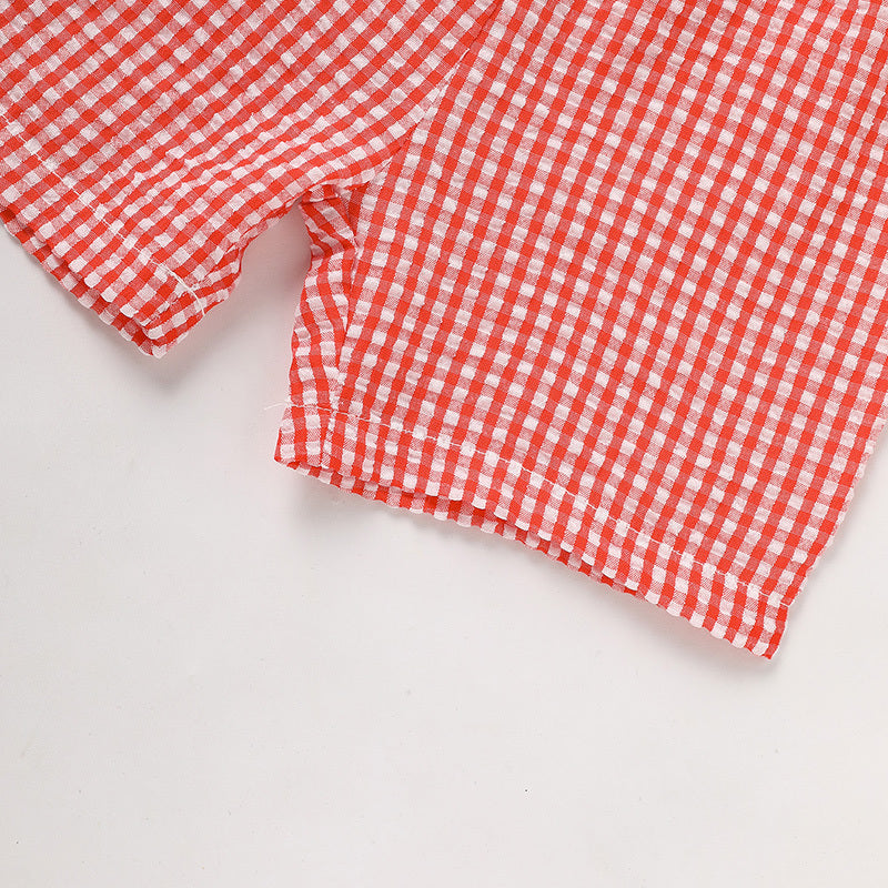 Close-up of a red and white checkered fabric on a light gray background
