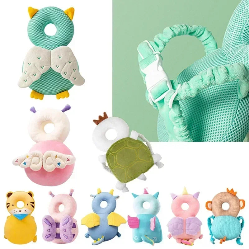Set of colorful baby toys with animal designs on a green background