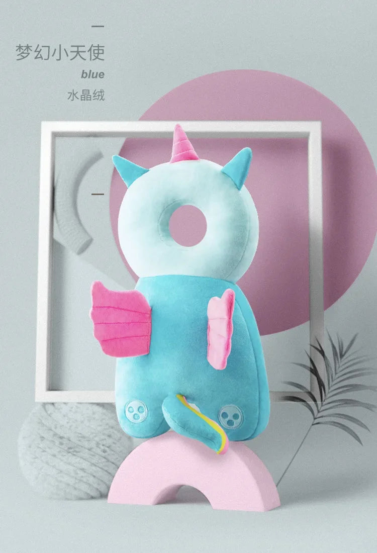 Blue plush toy with pink accents on a light gray background