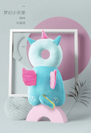 Blue plush toy with pink accents on a light gray background