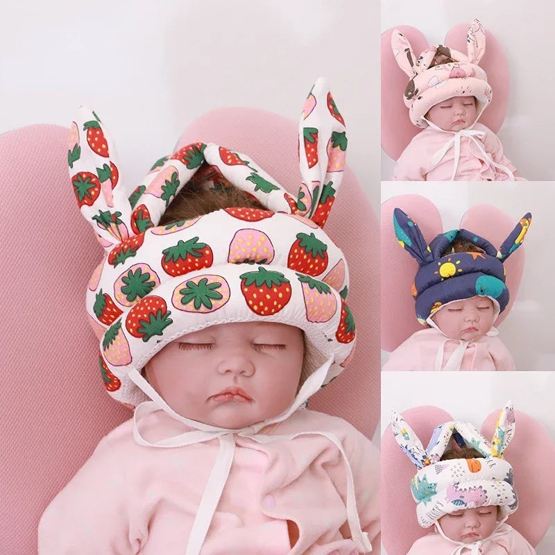 Collage of babies wearing colorful hats with animal ears on a pink background