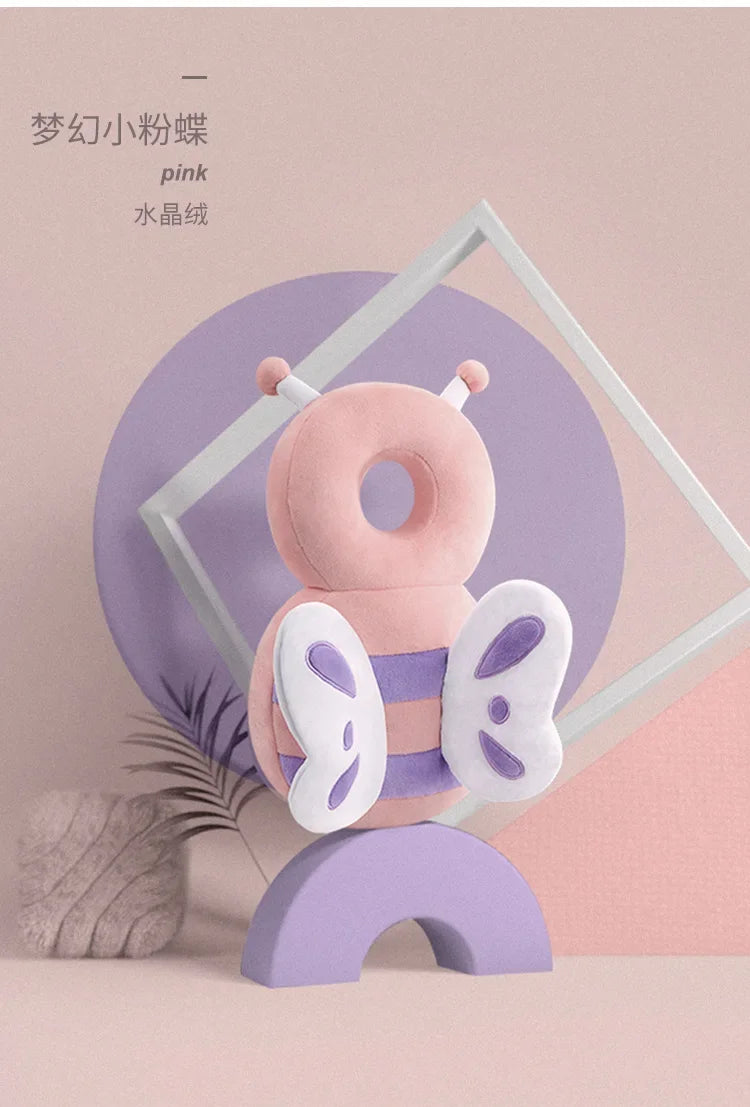 Pink butterfly-shaped product on a purple stand with a soft pink background