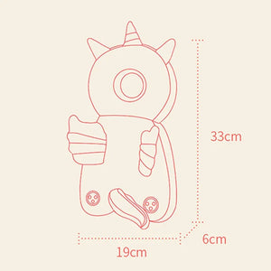Illustration of a cartoon character with dimensions on a beige background