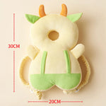 Plush dinosaur toy with measurements on a beige background