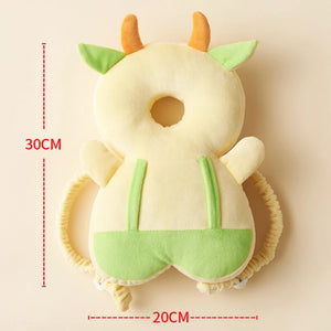 Plush dinosaur toy with measurements on a beige background