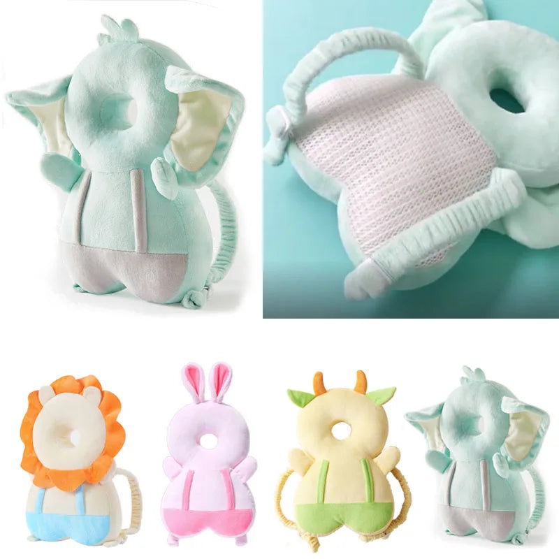 Collection of soft animal-shaped pillows with close-up details on a light blue background.