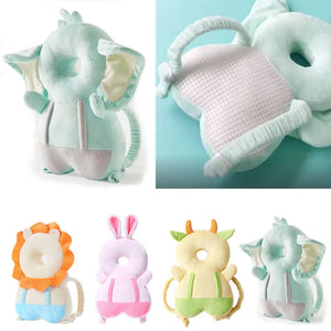 Collection of soft animal-shaped pillows with close-up details on a light blue background.