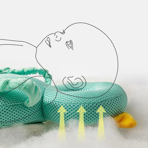 Turquoise pillow with mesh design on a white background