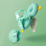 Green mesh baby seat with adjustable strap on a green background