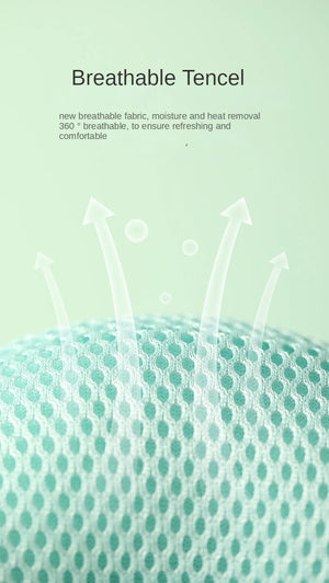 Text about breathable tencel fabric on a light green background with close-up of fabric texture.